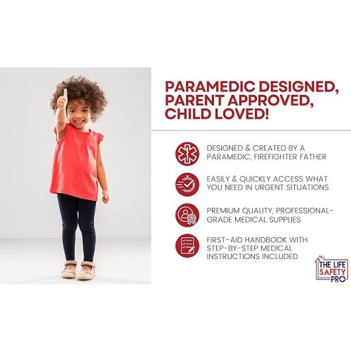 Portable First Aid and CPR Kit for Children - Ideal for Home, Car, School, Camping, and Travel. Latex-Free Bandages – Custom First Aid Guide by The Life Safety Pro - Large