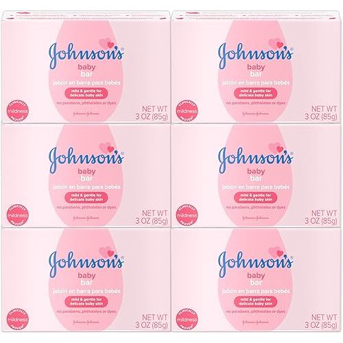 Johnson's Baby Body Soap Bar, Gentle for Baby Bath and Skin Care, Hypoallergenic and Dermatologist Tested, Paraben Free, Phthalate-Free, Dye-Free, 3 oz (Pack of 6)