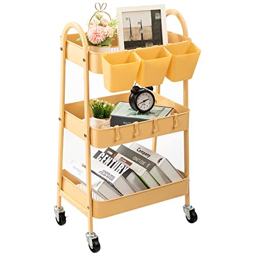 danpinera 3-Tier Rolling Cart, Utility Cart Mobile Metal Rolling Storage Cart with Lockable Wheels & Hanging Cups & Hooks for Kitchen, Bathroom, Office, Workshop, Yellow