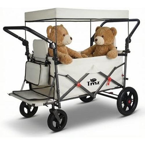 TMZ Collapsible Wagon with 2 Foldable Seats, Folding Wagon with Canopy, Multi Functional Cart with Adjustable Handle Bar, Front Expandable for Transport Camping (Beige)
