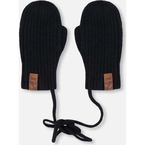 Baby Knit Mittens With Cord, Black - Deux par Deux | Maisonette