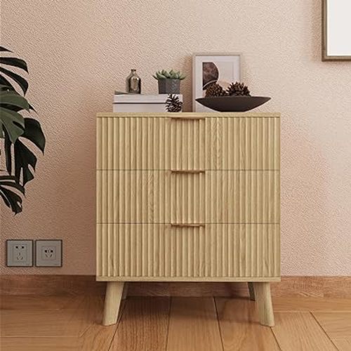 Fluted 3 Drawer Dressers, Modern Closet Dressers Chest of Drawers, Wood Storage Dresser Chest of Drawers Organizer for Bedroom Living Room Hallway Closet(Natural)