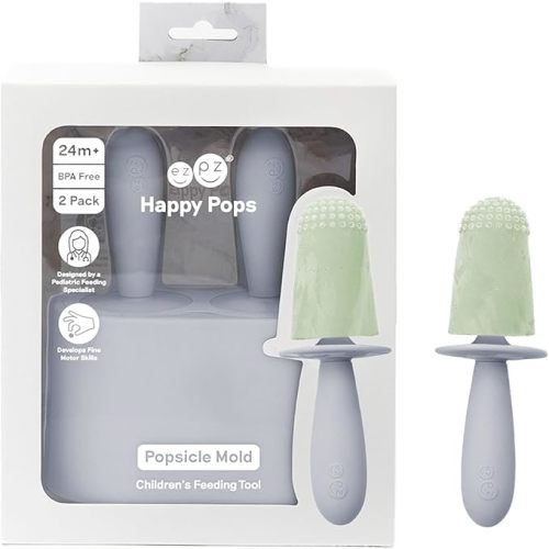 ezpz Tiny Pops (Pewter) - 4 Months+ - Popsicle Mold Set with Two Wands for Infants - Baby-Led Weaning + Teething Essentials