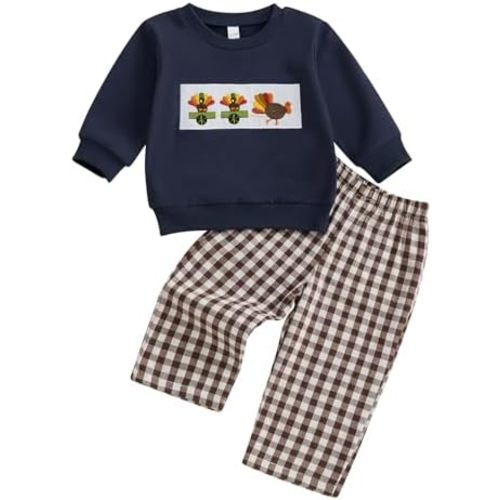 Adobabirl Baby Boy Thanksgiving Outfit Turkey Embroidery Sweatshirt Plaid Pants Set Infant Toddler Boy Fall Clothes
