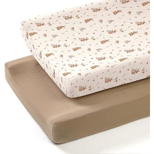 lulumoon Muslin Changing Pad Cover: 2-Pack Soft Breathable Cotton Boho Bunny Print for Baby Boys Girls - Nursery & Baby Shower