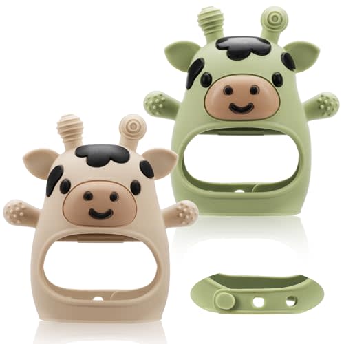 TOHIBEE 2 Packs Baby Teething Toys for 0-6 6-12 Months, Food Grade Silicone Adjustable Cow Teething Mitten, Chew Teether Toys for Teething Pain Relief, Baby and New Born Essentials, Green & Beige