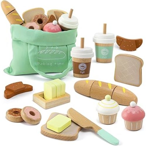 17 PCS Wooden Bakery Toy Food Playset for Kids, Pretend Picnic Play Food for Toddlers 3+, Play Kitchen Accessories with Shopping Bag, Cutting Food Toys, Gift for Girls Boys and Girls