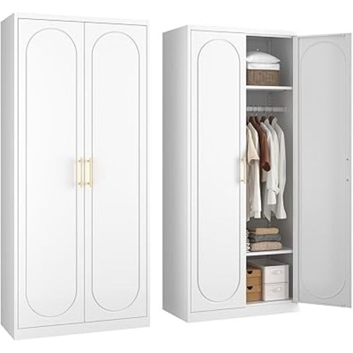 71" Metal Armoire Wardrobe Closet with Doors，Tall Clothing Storage Cabinet with Adjustable Shelves and Hanging Rod,White Wardrobe Closet for Bedroom,Home,Office,Gym