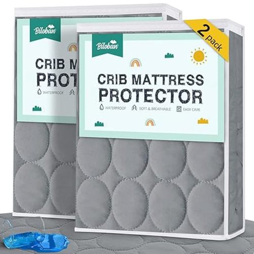 Crib Mattress Protector Sheets Waterproof 2 Pack, Quilted Crib Mattress Pad Cover Fitted Fits for Baby Toddler Bed Mattress, Grey, 52” x 28”