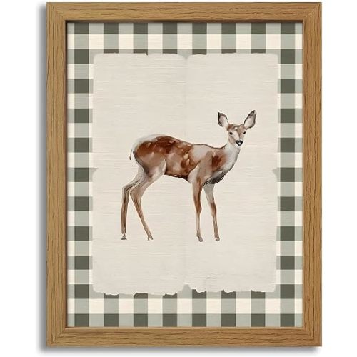 CXQILVER Vintage Framed Deer Wall Art Canvas Painting, Woodland Fawn Prints Wall Decor, Green Gingham Rustic Farmhouse Animal Artwork Pictures for Living Room Bedroom Bathroom Nursery Decor 8x10 Inch