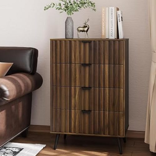 Smart FENDEE 4 Drawer Dresser for Bedroom, Tall Fluted Dresser with Metal Feet, Wooden Storage Organizer Cabinet Chest of Drawer for Closet, Living Room, Hallway,Walnut