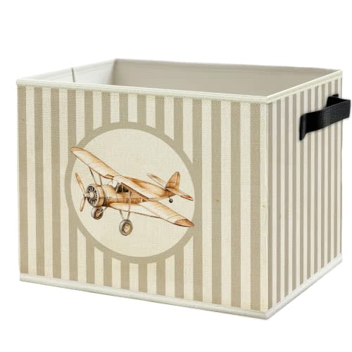 Airplane Boy Nursery Storage Bin Basket with Handles | Vintage Plane Aviation Neutral Striped Foldable Basket Organizer for Kids Boys Nursery Room Playroom Books Clothes