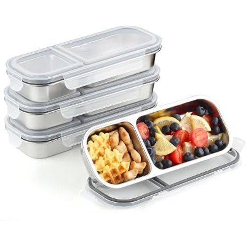 Stainless Steel Snack Containers with Lids- 2 Compartments Bento Lunch Snack Boxes for Adults - Reusable Meal Prep Lunch Box for Home Travel (2compartment4PCS)