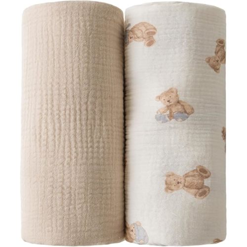 Muslin Swaddle Blankets for Newborn -100% Cotton Soft Receiving Blankets - 2 Pack Teddy Bear Print Nursery Gift for Baby Girls(Teddy Bears -C)