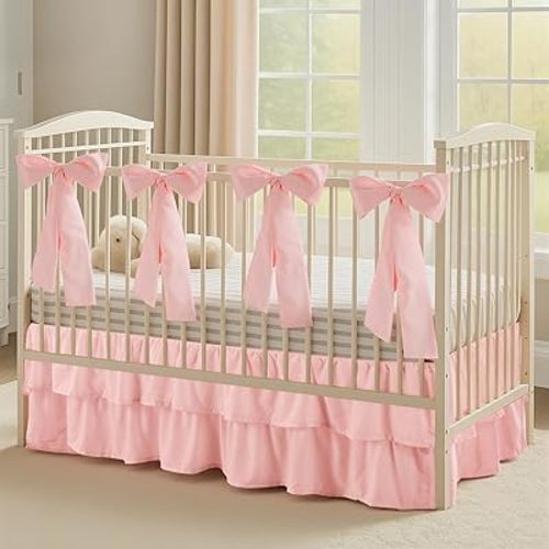 Pink Crib Bed Skirts with 4 Large Cot Bow 28" x 52" Baby Crib Skirt for Boys Girls Nursery Toddler Bed Skirt Dust Ruffle 14" Drop, Double Layer