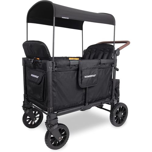WONDERFOLD W4 Luxe Pro Stroller Wagon (4 Seater) - Collapsible Wagon Stroller with Seats Featuring 5-Point Safety Harnesses and Adjustable Sun Canopy, Jet Black