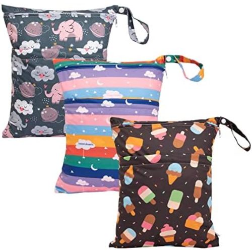 babygoal Wet Dry Bags 3 Pack for Baby Cloth Diapers, Washable Travel Bags, Beach, Pool, Gym Bag for Swimsuits & Wet Clothes with Two Zippered Pockets 3LN27