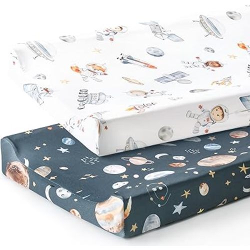 GRSSDER Stretch Ultra Soft Jersey Knit Changing Pad Cover Set 2 Pack, Change Table Pad Covers Fit 32"/34" x 16" Pads Safe and Snug, Space Print for Boys and Girls