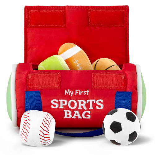Kidaddle Baby's First Sports Bag (Large), Plush Sensory Balls for Baby with Travel Bag, Baby & Toddler Sports Bag with Rattling Baby Football, Sqeaky Soccer Ball, Crinkle Baby Baseball Toy, and More!