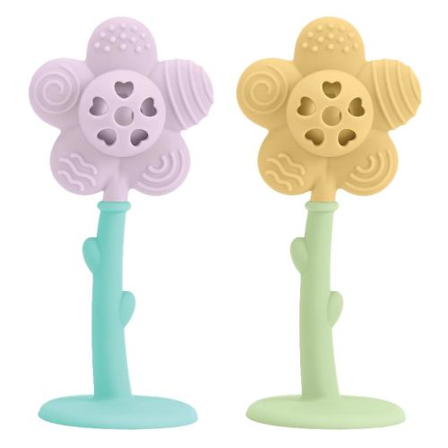Lulyboo Flower Rattle & Teether Set for Babies - 100% Food Grade Silicone Soft Textures, Gentle Gum Massage, Lightweight Built-in Rattle, Easy-Hold Stem, Age 0+, Durable & Easy-Clean, Soothing Comfort
