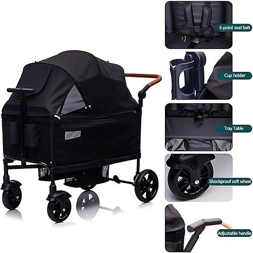 Luxury Wagon Stroller for 2 Kids & Cargo-Lightweight Foldable Travel Push Pull All-Terrain Double Wagon for Newborn&Toddler with 5-Point Harness,Adjustable Handle, Canopy,Tray Table,Cup Holder