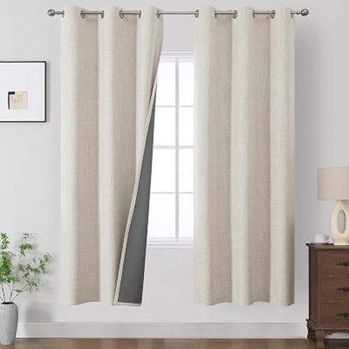 Cream 100% Blackout Linen Curtains for Bedroom 40Wx72L Inch Long 2 Panels
