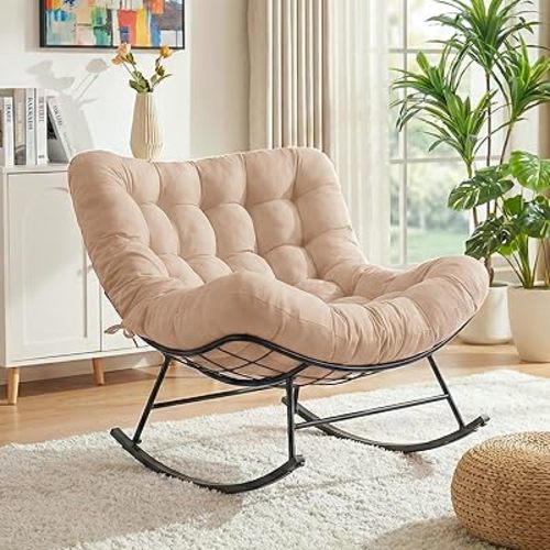 Cushioned Papasan Rocking Chair for Outdoor Indoor, Oversized Outdoor Rocking Chair with Cushion, Egg Rocker for Patio, Porch, Balcony, Lawn, Bedroom, Living Room, Beige