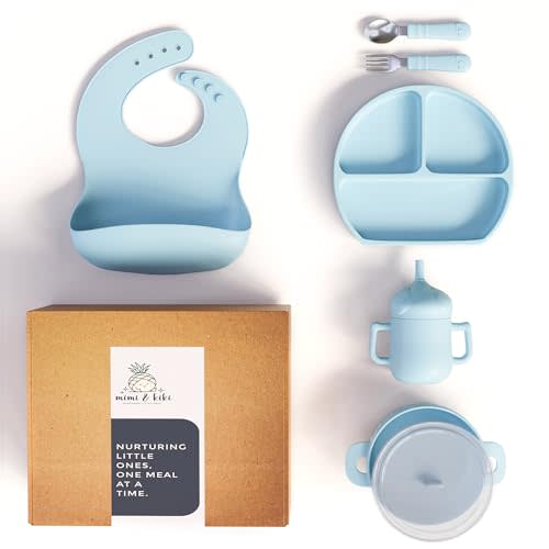mimi & kiki BPA-Free Silicone Baby Feeding Set, Baby Plates and Bowls Set, Baby Led Weaning Supplies, Silicone Suction Plate, Baby Utensils, Bib and Cup, Self Feeding, Dishwasher Safe (Light Blue)