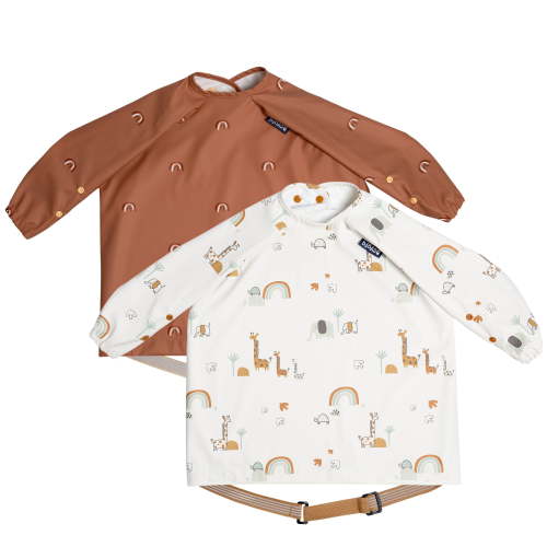 Bibado Coverall Weaning Bib 2 pack - Chasing Rainbows & Serengeti Spaghetti