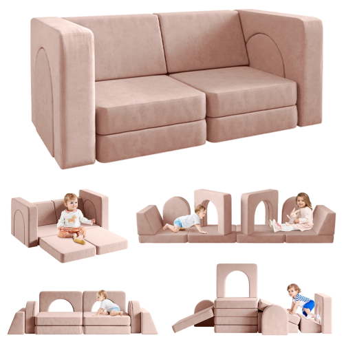Walmart Black Friday Deals 2025 Linor 10PCS Kids Sofa Couch Set for Children's Playroom, Multifunctional Velvet Toddler Couch, Light Pink