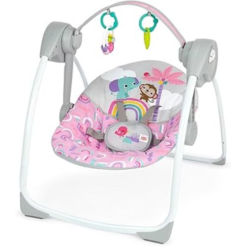 Bright Starts Pink Paradise Portable Compact Automatic Baby Swing with Music, Unisex, Newborn +