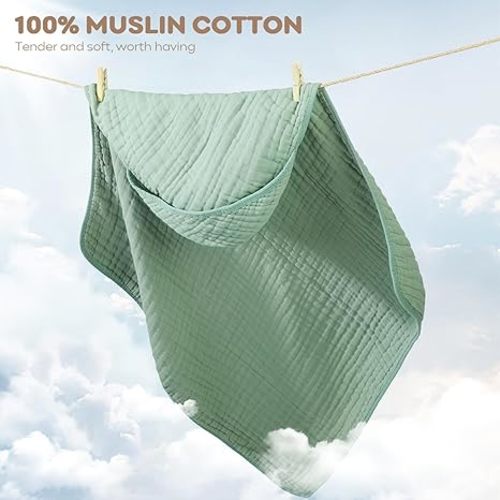 FIEMOL Baby Bath Towels, 100% Muslin Cotton Hooded Baby Towels for Newborn, 2 Pack Baby Towels with Hood for Infant Toddler and Kids, Large 32x32Inch, Soft and Absorbent - White Leaf & Green - 32*32 Inch (2 Pack)