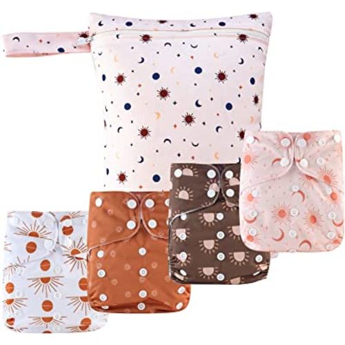 HappyFlute 9 Sets Newborn Baby Cloth Pocket Diapers One Size Adjustable Reusable Washable for Baby Boys and Girls(6-33 pounds,0-3 Years),One Wet Bag+4Diapers and 4Inserts