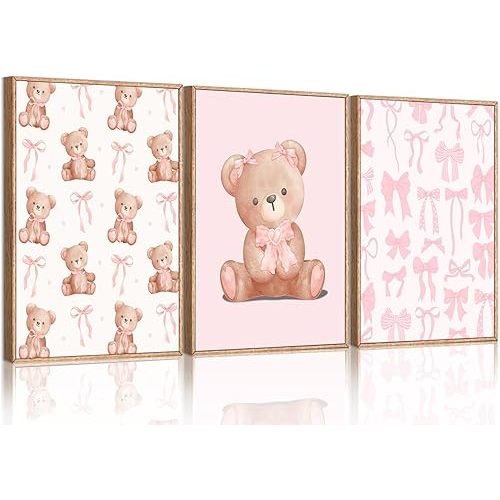 3Pcs Pink Teddy Bear Wall Art Coquette Bow Wall Decor Pictures Cute Animal Nursery Canvas Posters Prints for Baby Girls Room Bedroom Home Decorations Unframed