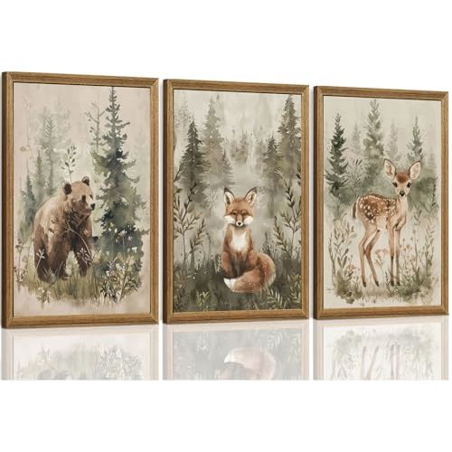 ICHZUMW Woodland Nursery Wall Decor, Forest Animal Nursery Wall Art, 16x24 | Cute Bear Fox Deer Canvas, Wood Framed, Set of 3, Ready to Hang, Hanging Kit Included, Baby Boy Girl Toddler Kids Room