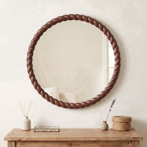 SANGNI 24" Round Wall Mirror, Rustic Walnut Solid Wood Frame, Farmhouse Wall Mounted