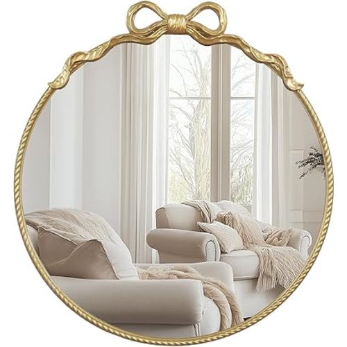 Gold Bow Metal Round Mirror -24inch Elegant Wall-Mounted Vanity Decorative Mirror for Bedroom, Bathroom, Living Room