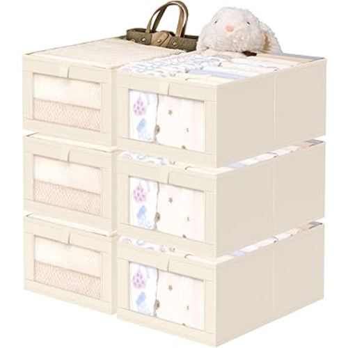 Criusia 6 Pack Linen Closet Organizers and Storage, Large Linen Closet Baskets for Organization, Foldable Storage Containers for Clothing, Towels, Toys, Jeans, Books, Shelves, Beige