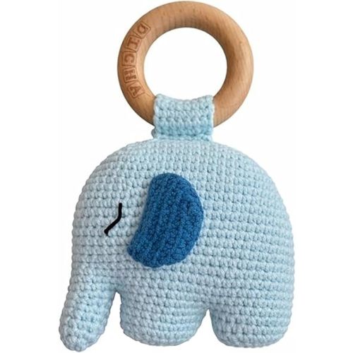 DICHA Handmade Crochet Wooden Baby Rattle - Birthday & Baby Shower Sensory Toy for Newborn Boy/Girl - Includes Wood Beech Teething Ring Elephant