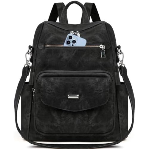 RAINSMORE Convertible Backpack Purse for Women Designer PU Leather Backpack Purse Waterproof Women's Fashion Backpack Handbags 13.3 Inch Anti Theft Crossbody Shoulder Bag for Work Travel College Black