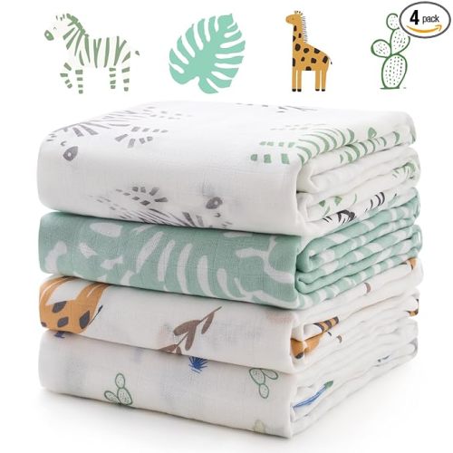 Momcozy Muslin Best Wishes Swaddle Blankets, Ultra Soft Neutral Registry Essentials, Jungle Trails & Wild Pals, Breathable Large 47'' x 47'' Newborn Boys Girls Receiving Blanket