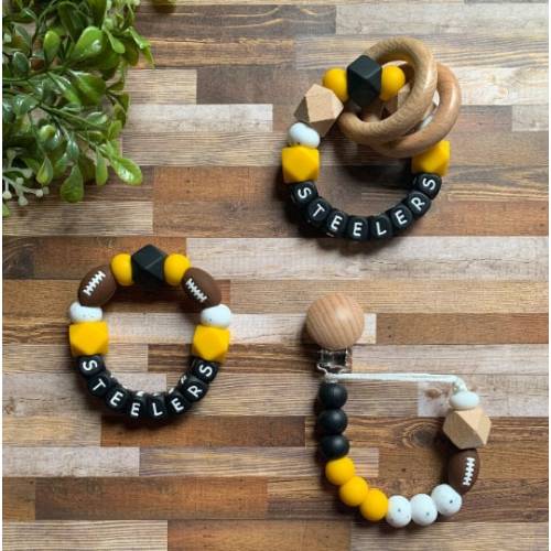 Pittsburgh Steelers Toy Collection - Pacifier Clip - Rattle - Go Steelers - Baby Steelers Rattle - Black - Yellow - Football - Baby Gift