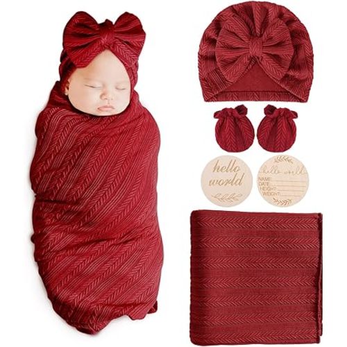 Newborn Receiving Blanket Wheat-Pattern Baby Girl Swaddles Wraps with Bow Hat Mittens Wooden Card for Newborns Toddler Gift Baby Essentials