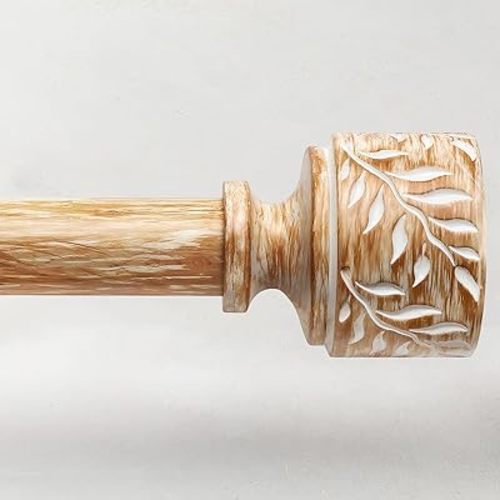 Boho Wood Curtain Rods for Windows 48 to 84 Inch, 1" Diameter Adjustable Heavy Duty Curtain Rod with Imitation Wooden Grain Leaf Pattern Finials, Rustic Decorative Drapery Rods, Size 32"-90"