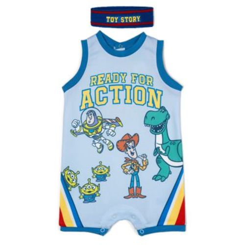 Disney Toy Story Newborn Baby Boys Mesh Basketball Jersey Athletic Romper and Loop Terry Sweatband Headband Outfit Set Blue 6-9 Months