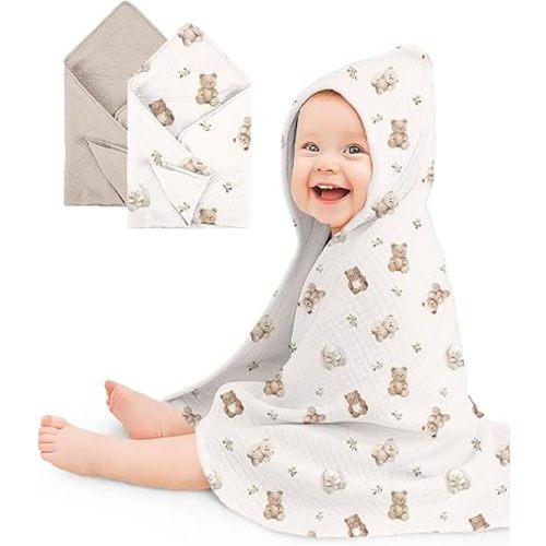Hooded Baby Towels 2 Pack, Muslin Baby Bath Towels with Hood for Newborn Infant and Toddler, Soft Breathable & Absorbent, 30" x 30" (Teddy & Friends, Heavyweight)