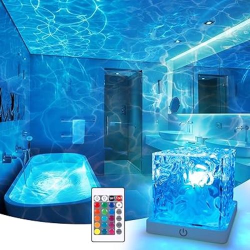 Rechargeable Shower Light No Wiring, 16 Color Changeable Ocean Wave Projector Light, Dimmable Waterproof Shower Lamp with Remote, Rotating Flame Water Ripple Lamp for Shower, Bathroom, Bedroom Decor