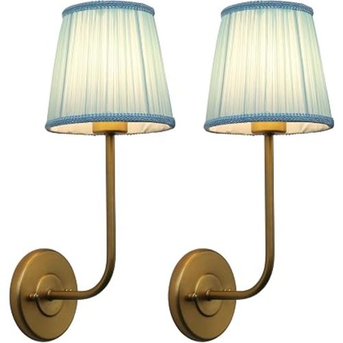 Brass Gold Pale Blue Lace Fabric Shade Wall Sconce Set of 2, Vintage Beige Boho Antique Retro Indoor Vanity Vintage Wall Sconce Hardwired Flared Fabric Shade for Bedroom Hallway Living Room