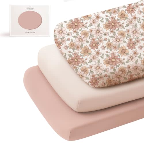 Konssy 3 Pack Stretchy Bassinet Sheets for Baby Girls and Boys, 33"x21" | Silky-Soft & Breathable, Bassinet Mattress Sheet, for Baby Delight, Dream on Me, Rectangle Bassinet Sheets (Vintage Petals)