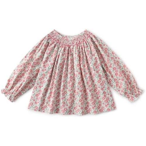 Curipeer Baby Girls Long Sleeve Shirt Peter Pan Collar Smocked Blouse Button Down Top